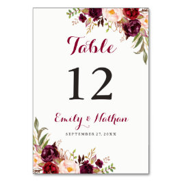 Tarjeta De Mesa Burgundy Red Floral Fall número de tabla de bodas
