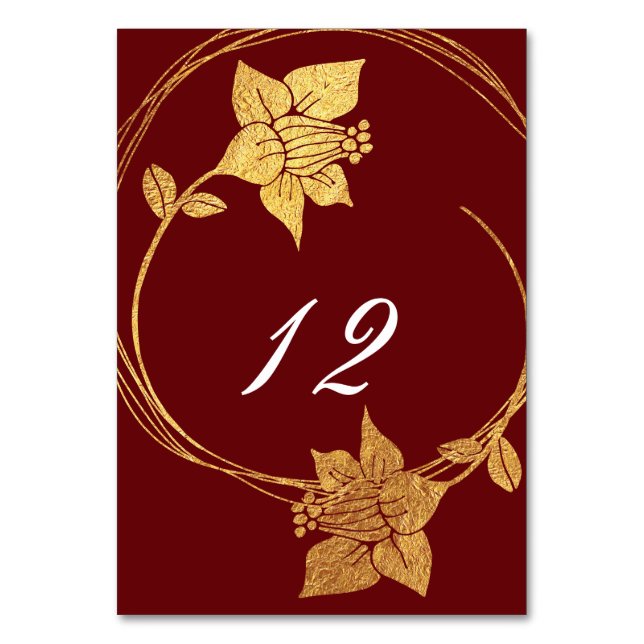 Tarjeta De Mesa Burgundy Red Gold Wreath número de tabla vertical (Reverso)