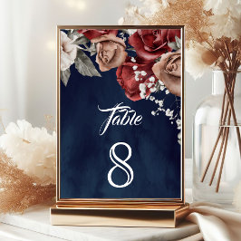 Tarjeta De Mesa Burgundy Red Roses Floral Navy Blue Wedding