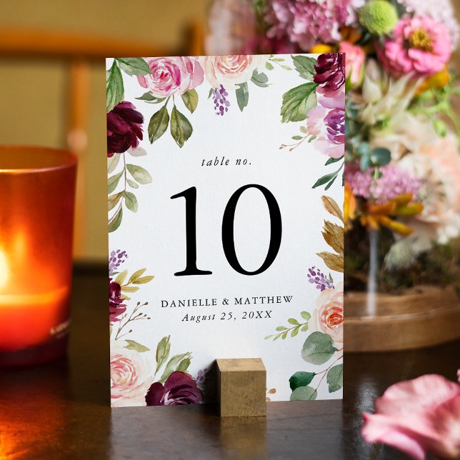 Tarjeta De Mesa Burgundy rosa ruso y Boda floral morado (Subido por el creador)