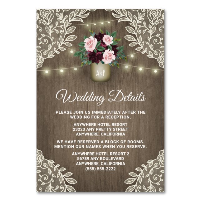 Tarjeta De Mesa Burgundy Rubor Gold Mason Jar Boda Insertar tarjet (Anverso)