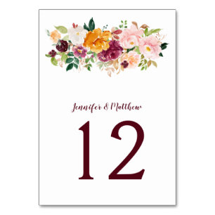 Tarjeta De Mesa Burgundy Rubor Mauve Saffron Floral Bouquet