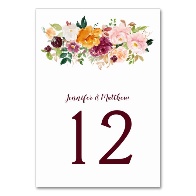 Tarjeta De Mesa Burgundy Rubor Mauve Saffron Floral Bouquet (Anverso)