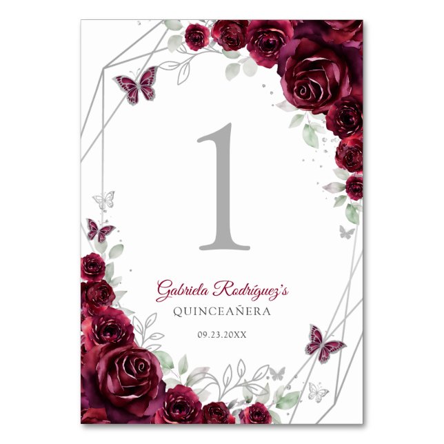 Tarjeta De Mesa Burgundy Silver Floral Quinceanera (Anverso)