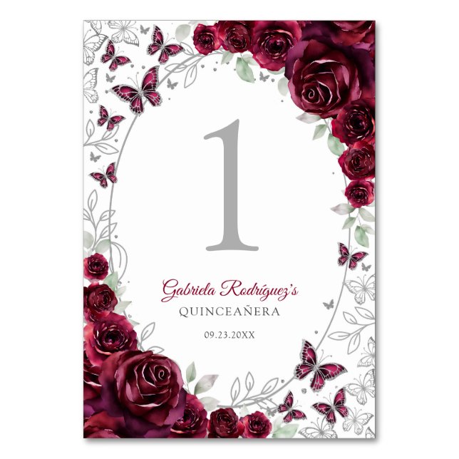 Tarjeta De Mesa Burgundy Silver Floral Quinceanera (Anverso)