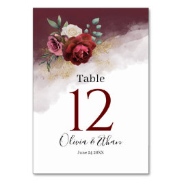Tarjeta De Mesa Burgundy Watercolor florece Purpurina de oro