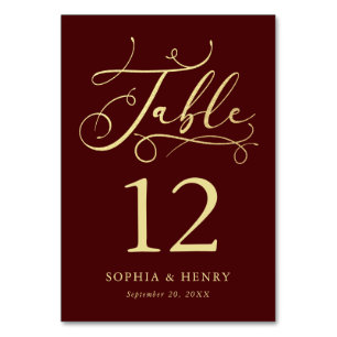 Tarjeta De Mesa Burgundy Whimsical Gold Calligraphy Número de tabl