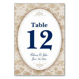 Tarjeta De Mesa Burlap y Lace con número azul de la marina