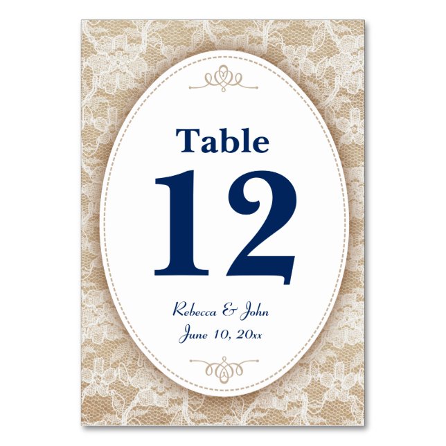 Tarjeta De Mesa Burlap y Lace con número azul de la marina (Anverso)