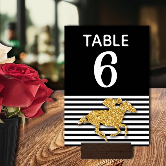Tarjeta De Mesa Caballo de carreras de oro Derby Bridal Shower (Gold racehorse Derby-style bridal shower table number cards double-sided)