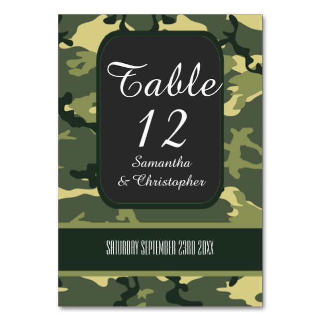 Tarjeta De Mesa Cacería verde o boda de camo militar (Reverso)