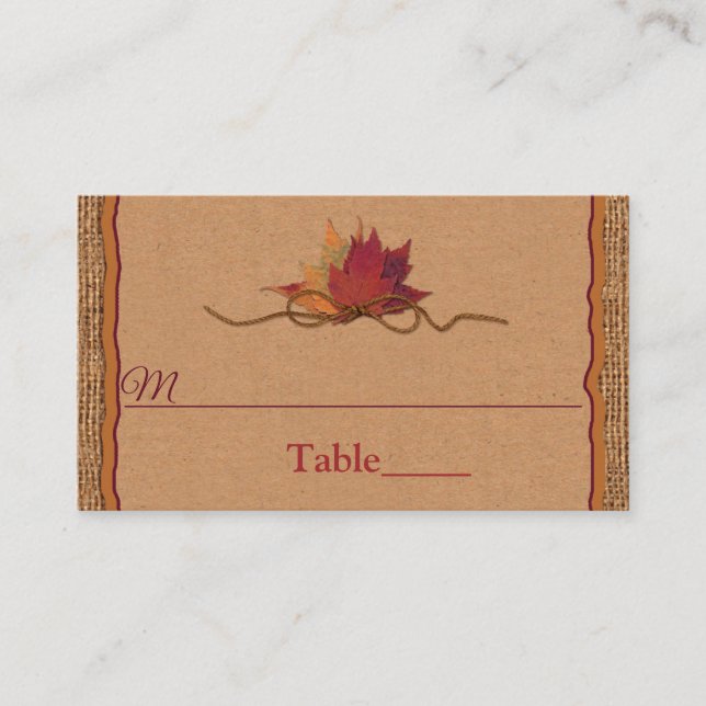 Tarjeta De Mesa Caer enamorada, hojas de otoño, Boda de Burlap (Anverso)