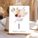 Tarjeta De Mesa Caída de calabaza Boda ruso otoño<br><div class="desc">Este número de la mesa boda incluye calabazas acuarelas blancas y amarillas adornadas con flores borgoñas,  marrones y rosas rubias sobre hojas caídas. Para una personalización más avanzada de este diseño,  haga clic en el BOTÓN HERRAMIENTA DE DISEÑO AZUL situado más arriba</div>