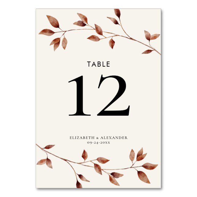 Tarjeta De Mesa Caída moderna deja Boda botánico (Anverso)