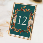 Tarjeta De Mesa Caída Rusa<br><div class="desc">Número de tabla de caída rústica. Añade un toque de lujo en otoño a tu recepción con estos números de mesa, con unas hojas de acuarela de color cobre brillantes colocadas en un fondo verde azulado profundo. La paleta cálida presenta acentos de terracota, naranja quemado y flor crema, lo que...</div>