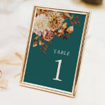 Tarjeta De Mesa Caída verde azulada<br><div class="desc">Número de tabla de otoño verde azulado. Guíe a sus huéspedes con estilo utilizando números de mesa diseñados para que se mezclen perfectamente con su estética otoñal. Cada carta está adornada con las hojas de acuarela en terracota y naranja quemado, emparejadas con dahlias beige y rosas de cobre, todo ello...</div>