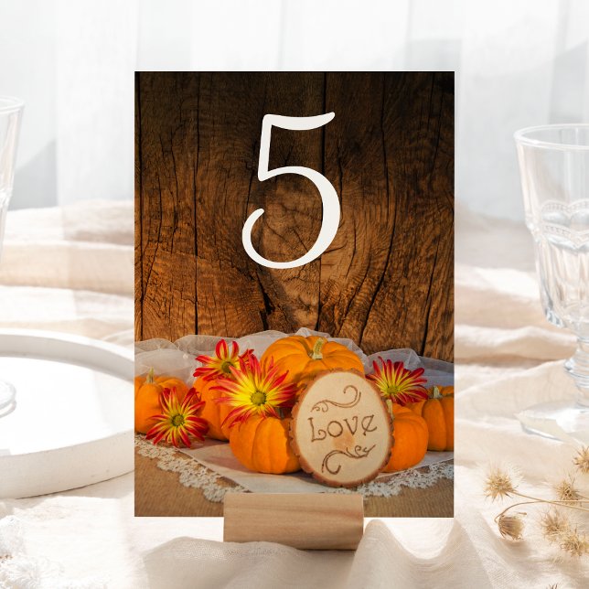 Tarjeta De Mesa Calabazas rusas caen número de tabla de Bodas de g (Set the tables at your Autumn Event with the charming Rustic Pumpkins Fall Wedding Table Numbers.)