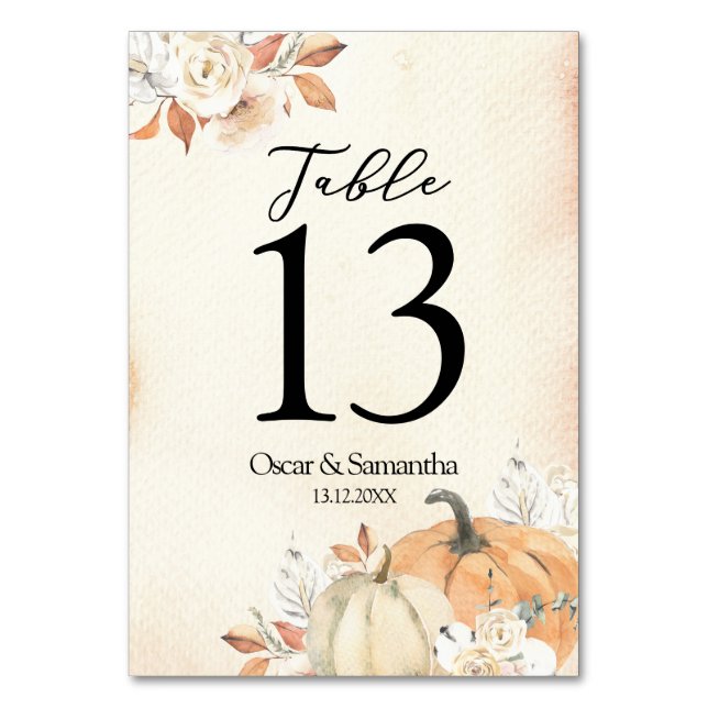 Tarjeta De Mesa Calabazas y flores rusticas de Naranja otoñal (Anverso)