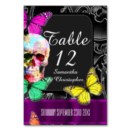 Tarjeta De Mesa Calavera gótica, boda negro y morado