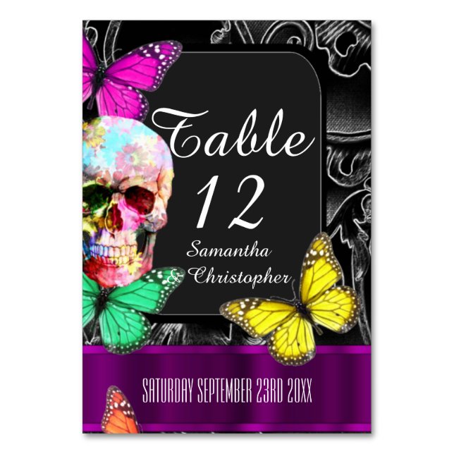 Tarjeta De Mesa Calavera gótica, boda negro y morado (Anverso)