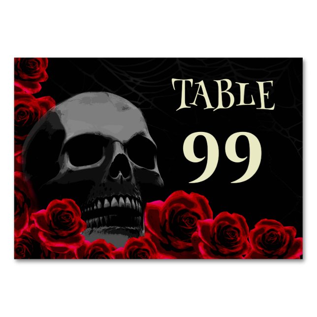 Tarjeta De Mesa Calavera gótica y rosas rojas asustaron a la boda  (Anverso)