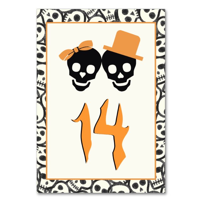 Tarjeta De Mesa Calaveras divertidas número de tabla de naranja de (Anverso)