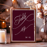 Tarjeta De Mesa Caligrafía de lujo Boda de Borgoña número 19,<br><div class="desc">Cuadro 19. Compruebe todos los números disponibles. | Número de tabla boda de lujo y elegante caligrafía rápida con sus iniciales. Para una personalización más avanzada de este diseño,  haga clic en el BOTÓN HERRAMIENTA DE DISEÑO AZUL de arriba.</div>