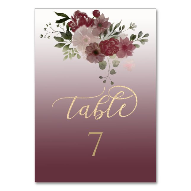 Tarjeta De Mesa Caligrafía dorada floral acuarela borgoña (Anverso)