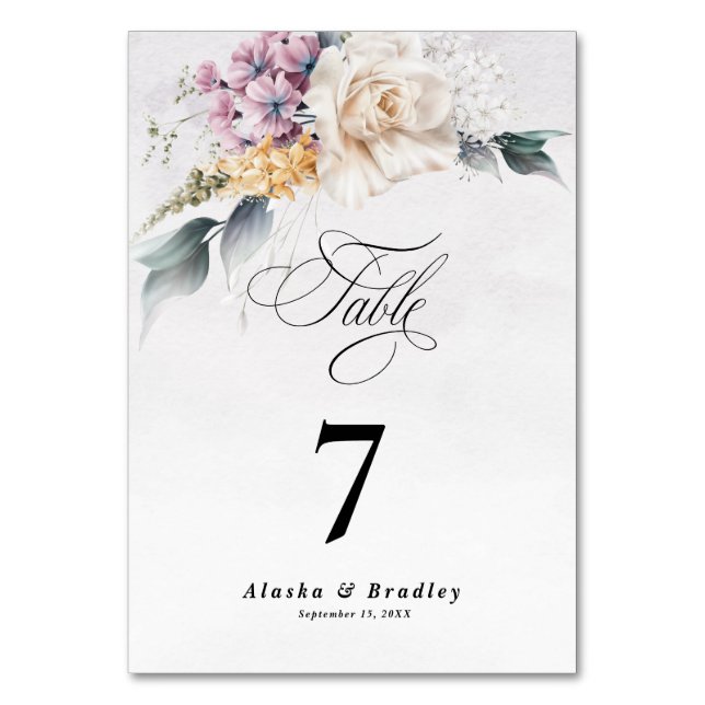 Tarjeta De Mesa Caligrafía floral acuarela Boda moderno (Anverso)