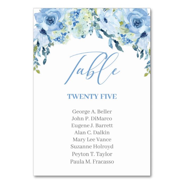 Tarjeta De Mesa Caligrafía moderna rústica floral azul polvoriento (Anverso)