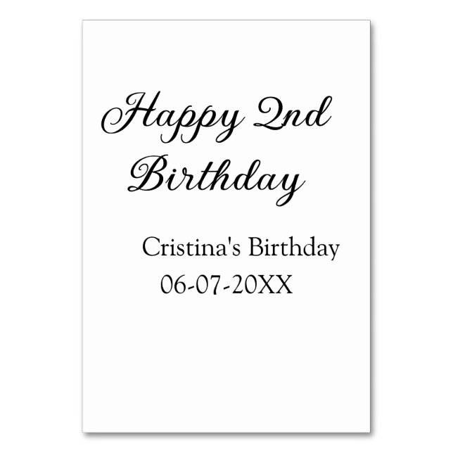 Tarjeta De Mesa caligrafía simple mínimo feliz segundo cumpleaños (Anverso)