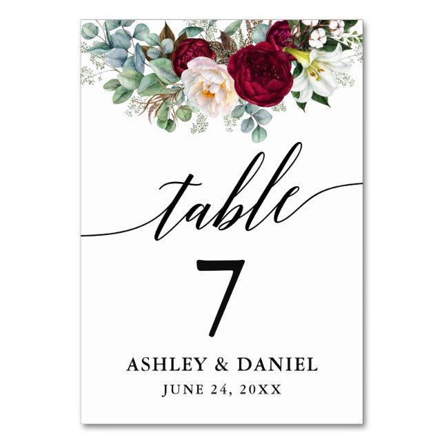 Tarjeta De Mesa Caligrafía Watercolor Burgundy Floral Boda (Reverso)
