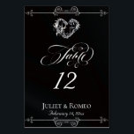 Tarjeta De Mesa Calligraphy & Silver Heart - Black Table Number<br><div class="desc">The design features an elegant black background embellished with scroll borders, a heart and placeholders for the table number, couple's names and date of event. Available in several colors for your wedding theme. (Glitter is simulated in the artwork). Designed to coordinate with the Romantic Scroll Hearts & Calligraphy Wedding Collection....</div>