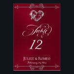 Tarjeta De Mesa Calligraphy & Silver Heart - Burgundy Table Number<br><div class="desc">The design features an elegant burgundy background embellished with scroll borders, a heart and placeholders for the table number, couple's names and date of event. Available in several colors for your wedding theme. Designed to coordinate with the Romantic Scroll Hearts & Calligraphy Wedding Collection. To change details, click «Personalize». To...</div>