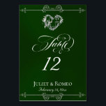 Tarjeta De Mesa Calligraphy & Silver Heart - Emerald Table Number<br><div class="desc">The design features an elegant emerald green background embellished with scroll borders, a heart and placeholders for the table number, couple's names and date of event. Available in several colors for your wedding theme. Designed to coordinate with the Romantic Scroll Hearts & Calligraphy Wedding Collection. To change details, click «Personalize»....</div>
