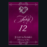 Tarjeta De Mesa Calligraphy & Silver Heart - Plum Table Number<br><div class="desc">The design features an elegant plum (purple) background embellished with scroll borders, a heart and placeholders for the table number, couple's names and date of event. Available in several colors for your wedding theme. (Glitter is simulated in the artwork). Designed to coordinate with the Romantic Scroll Hearts & Calligraphy Wedding...</div>