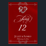 Tarjeta De Mesa Calligraphy & Silver Heart - Red Table Number<br><div class="desc">The design features an elegant crimson red background embellished with scroll borders, a heart and placeholders for the table number, couple's names and date of event. Available in several colors for your wedding theme. (Glitter is simulated in the artwork). Designed to coordinate with the Romantic Scroll Hearts & Calligraphy Wedding...</div>