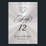 Tarjeta De Mesa Calligraphy & Silver Heart - White Table Number<br><div class="desc">The design features an elegant white pearl background embellished with scroll borders, a heart and placeholders for the table number, couple's names and date of event. Available in several colors for your wedding theme. Designed to coordinate with the Romantic Scroll Hearts & Calligraphy Wedding Collection. To change details, click «Personalize»....</div>