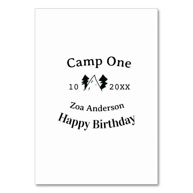 Tarjeta De Mesa Camp one happy birthday name date campingadventure (Anverso)