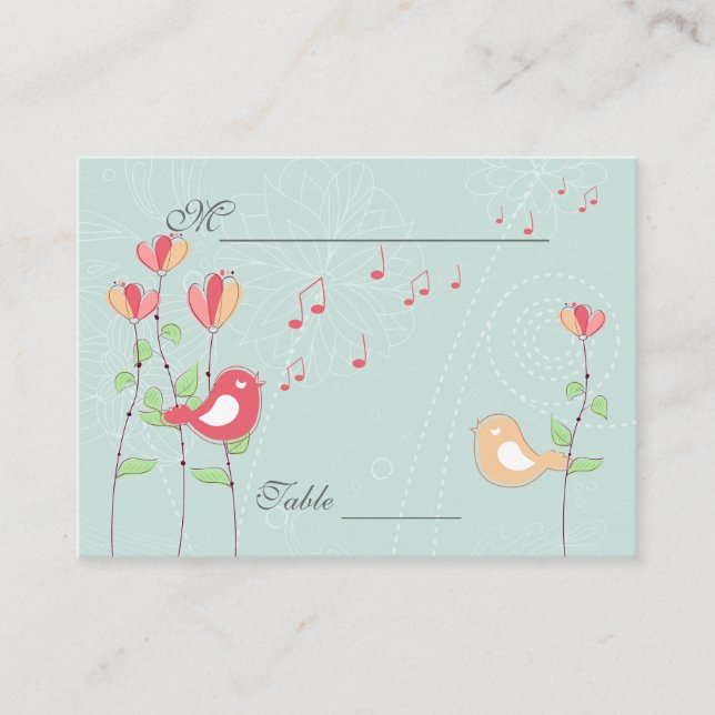 Tarjeta De Mesa Cantando Aves con Flores Lugar Boda (Anverso)