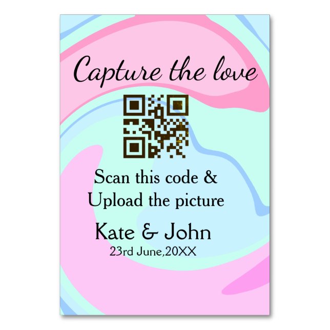 Tarjeta De Mesa Captura el amor añade escaneo QR mármol rosa azul  (Anverso)