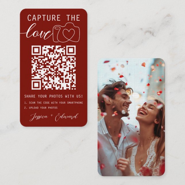 Tarjeta De Mesa Captura El Código Qr De Amor Foto Boda Blanco Rojo (Anverso / Reverso)