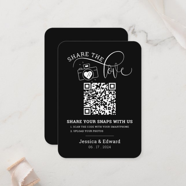 Tarjeta De Mesa Capturar el código Qr de amor Moda negra Boda mode (Anverso/Reverso In Situ)
