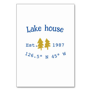 Tarjeta De Mesa Casa de lago azul árbol de oro añaden año de coord