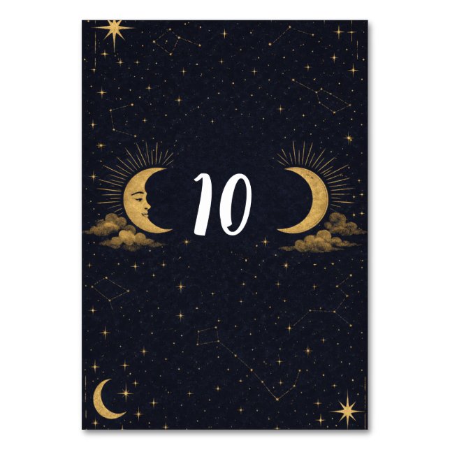 Tarjeta De Mesa Celestial Starry Night Gold Moon Table Number (Anverso)