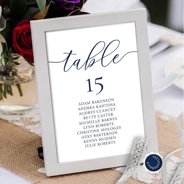 Tarjeta De Mesa Cena boda, cuadro de asientos románticos, azul mar (Wedding Dinner Guest Seating Chart Card, in Modern Romantic Classy Navy Blue Themed.)