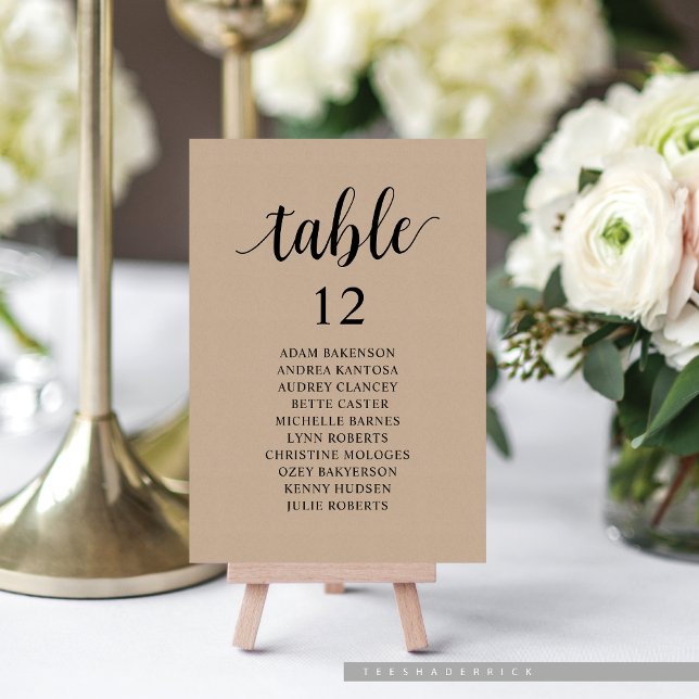 Tarjeta De Mesa Cena boda, gráfico de asientos de Kraft marrón (Wedding Dinner or Brunch, Cottage Brown Kraft, Guest Seating Chart Card, with Table Number.)