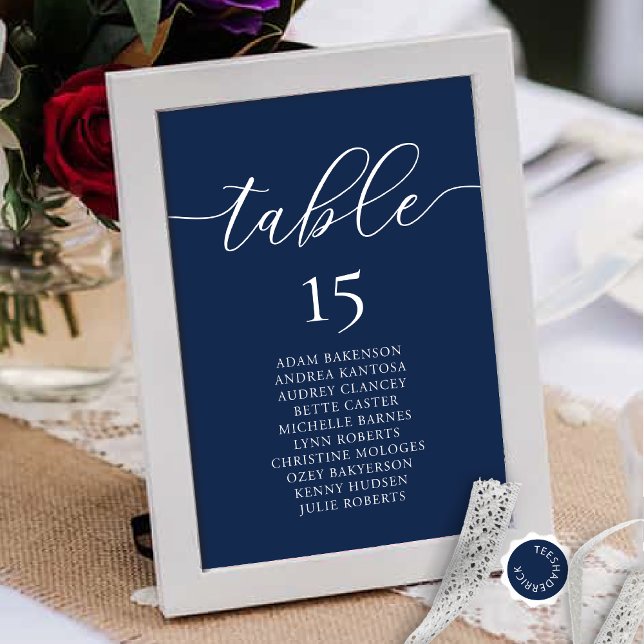 Tarjeta De Mesa Cena boda, Rótulo de invitados románticos, (Wedding Dinner, Romance Guest Seating Chart Card, in Classy Navy Blue, with Table Number and Names.)