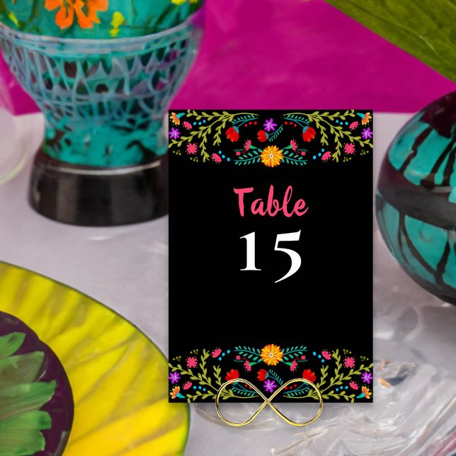 Tarjeta De Mesa Cena negra floral de Fiesta mexicana (Quinceanera table number with colorful mexican fiesta flowers on black - printed both sides)