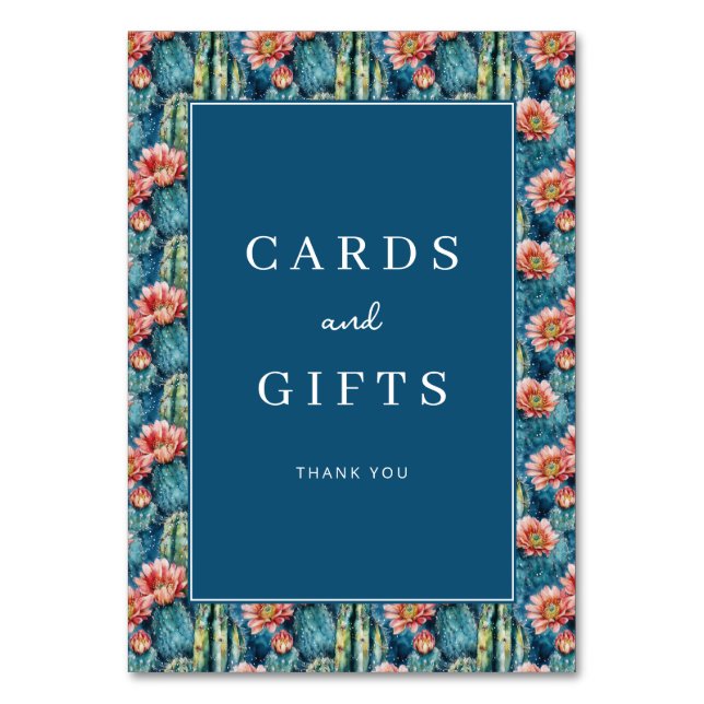Tarjeta De Mesa Cheerful Navy Botanical Cactus Border (Anverso)